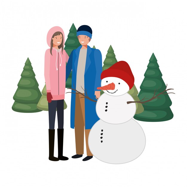 Couple with snowman and pine trees