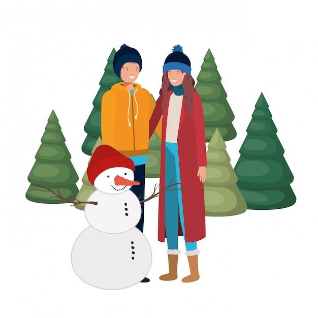 Couple with snowman and pine trees