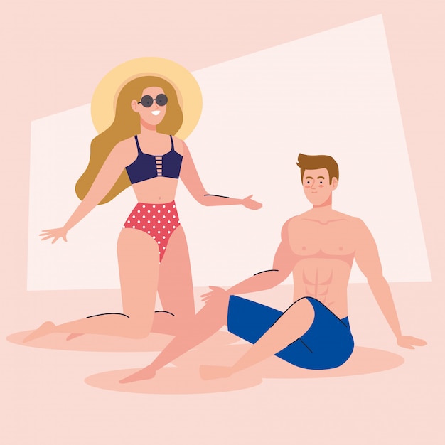 Vector couple with swimsuit, summer vacation season