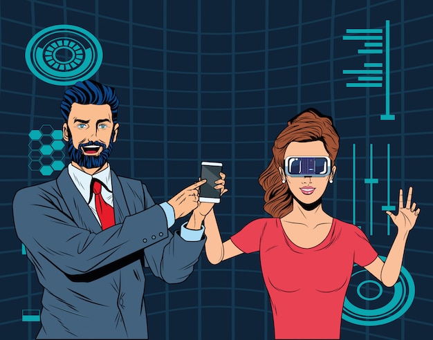 Couple with virtual reality headset