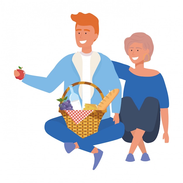 Vector couple of woman and man having picnic