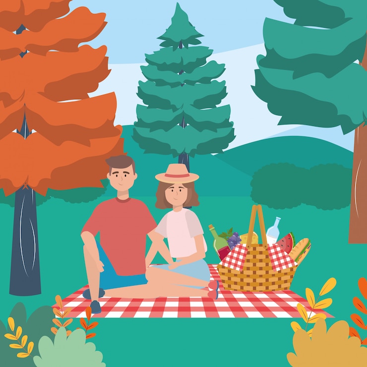 Vector couple of woman and man having picnic 