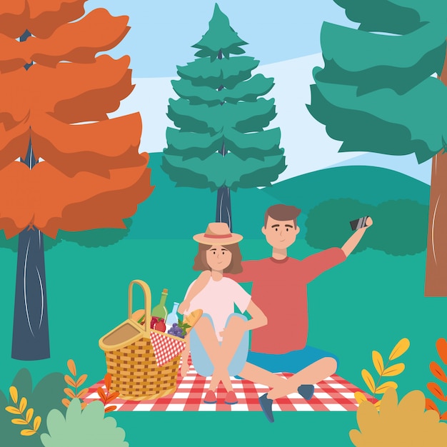 Vector couple of woman and man having picnic