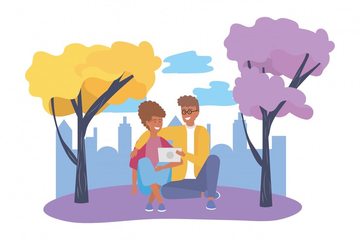 Vector couple of woman and man in the park 