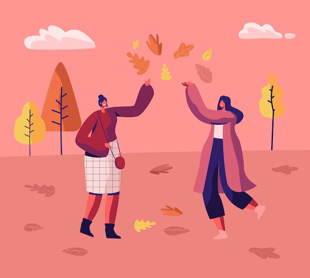 Coppia di donne in autunno parco divertendosi a camminare saltando sulle pozzanghere e giocando con foglie d'autunno cadute tra alberi colorati. cartoon illustrazione piatta
