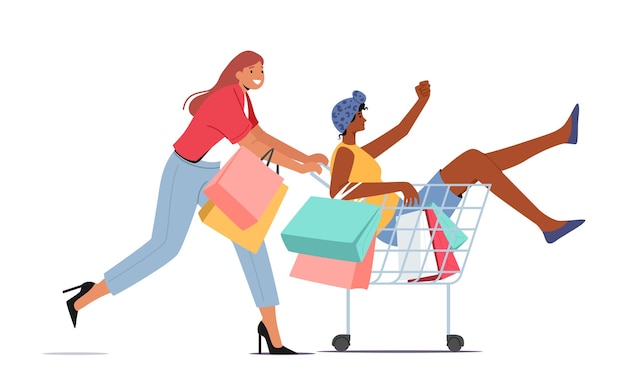 Vector couple of women fool in supermarket riding in trolley happy girl pushing shopping cart with her friend sitting inside