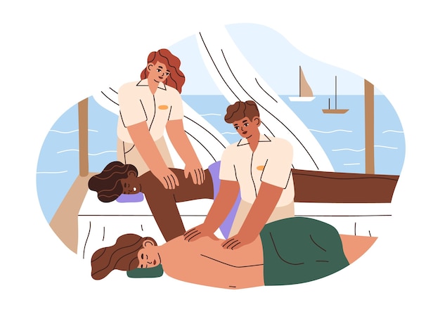 Пара подруг получает массаж спины в роскошном спа-салоне на яхте. Массажисты и два человека отдыхают на диванах во время косметических процедур. Плоская векторная иллюстрация на белом фоне