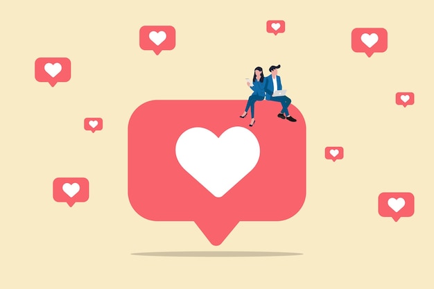 Couple worker in love sitting on huge red signconcept of modern technology Social network communication relationship