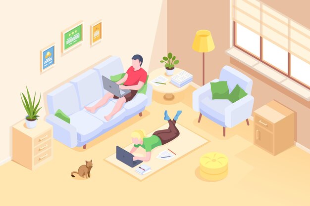 Couple working at home online freelance work isometric illustration of man and woman with