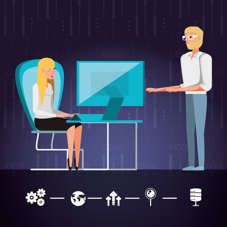Vector couple working and set icons business