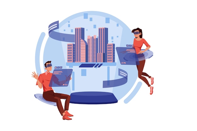 couple working with 3d city model in the metaverse