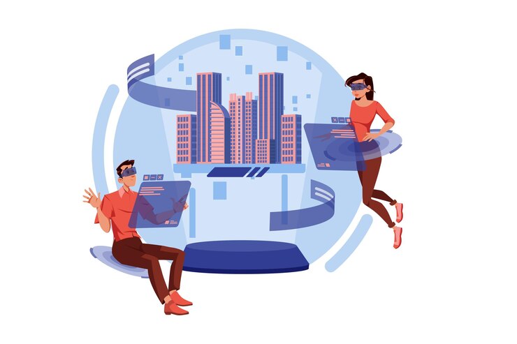 Vector couple working with 3d city model in the metaverse