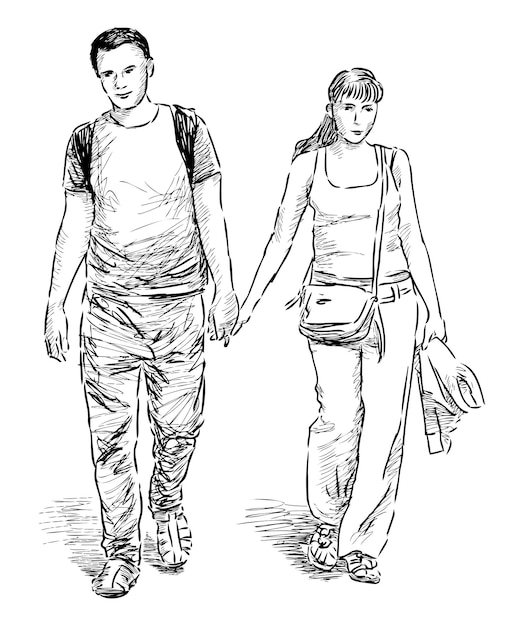 ベクトル 手をつないで外を歩く若い市民のカップル空想的な都市住民が白いイラストに隔離された黒と白の手描きのベクトルスケッチ