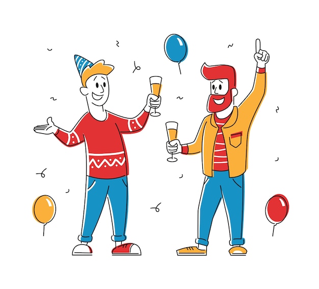 Vector couple of young men holding glasses with champagne beverage celebrate holiday