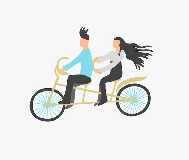 Vector couple of young people ride a double city bike