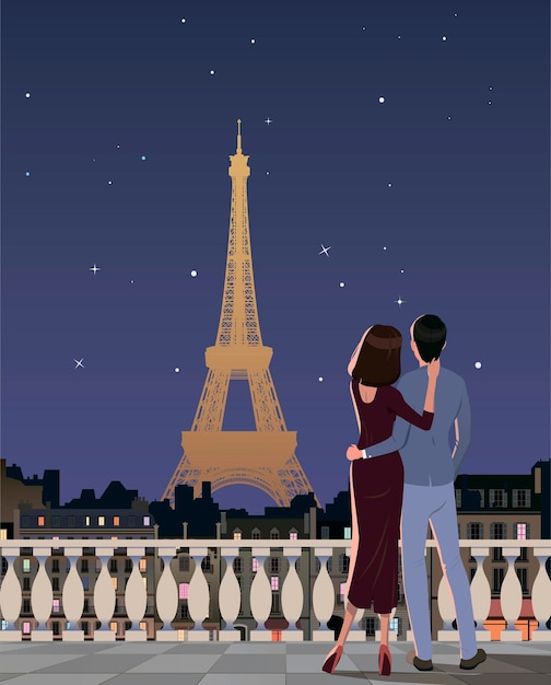 a couple of young people standing on a balcony overlooking the eiffel tower vector