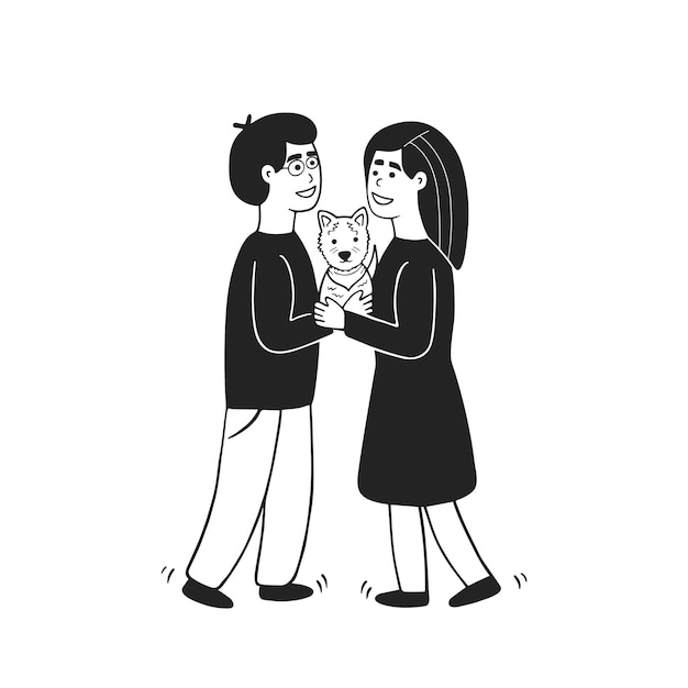 ペットを飼っている若いカップル。犬を連れた夫婦。漫画風のイラスト