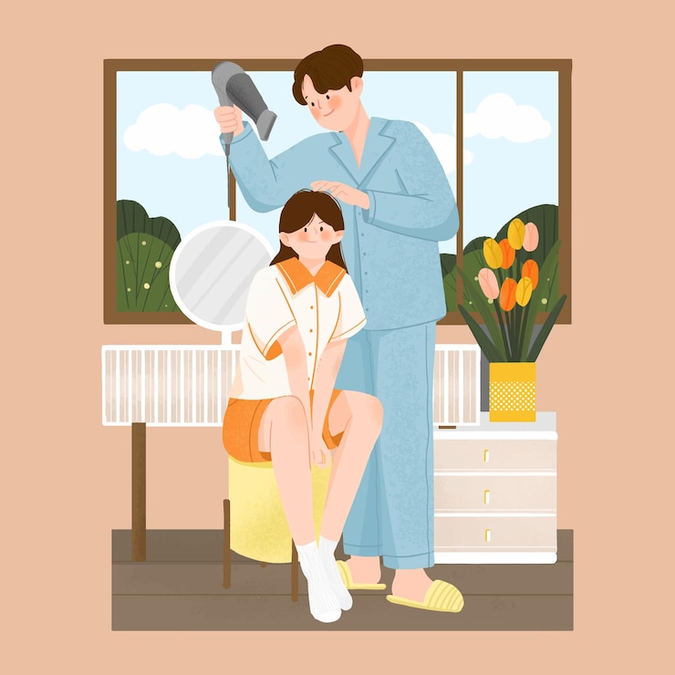 Vector 커플의 남자친구는 여자친구의 머리카락을 건조시키는 데 도움을 줍니다.