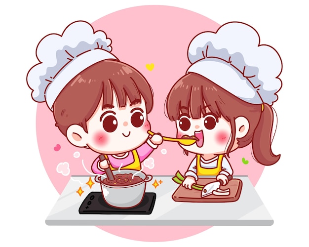 Couples cook in the kitchen cartoon character illustration