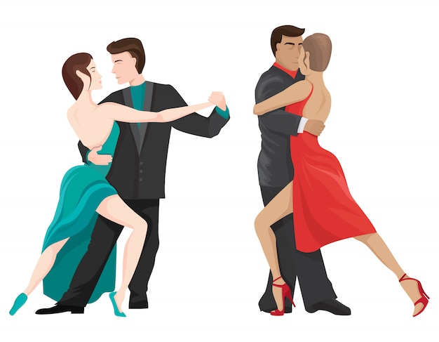 Couples dancing tango. male and female characters in cartoon style.