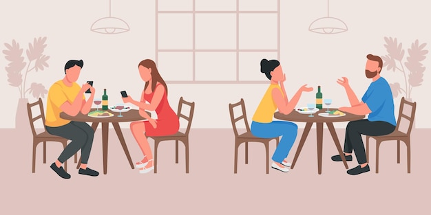 Vector couples on date in cafe flat color vector illustration. boyfriend and girlfriend talking at table. partner with phones. two group of people 2d cartoon characters with cafeteria interior on background