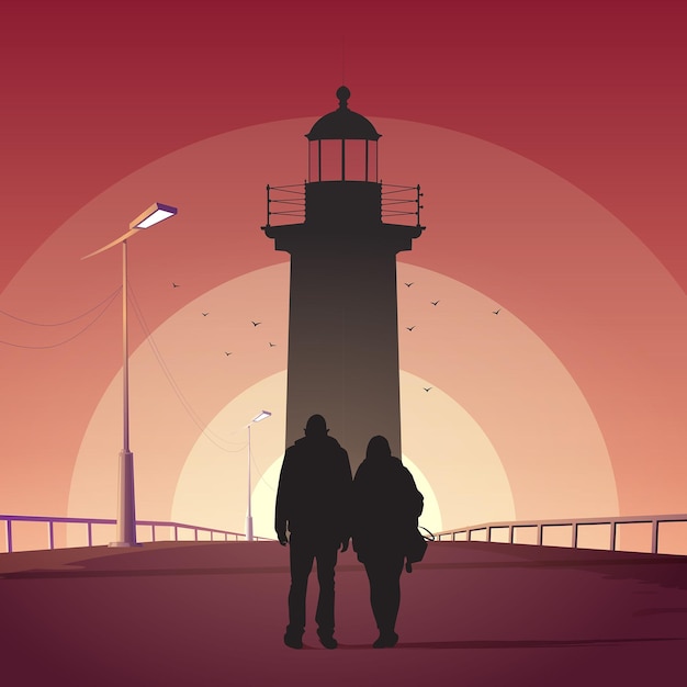 Vector couples holding hands walking towards lighthouse during sunset