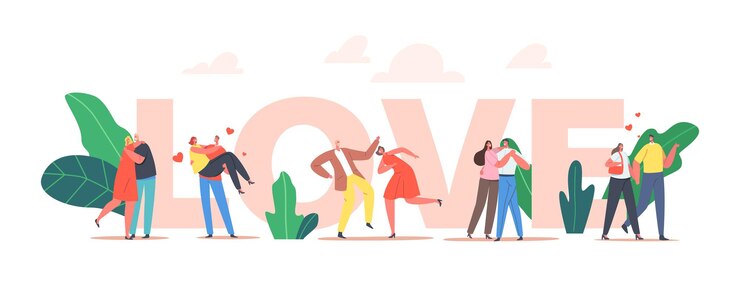 Vector 사랑 개념에 커플입니다. 사랑하는 관계에서 걷는 남녀, 남자 친구가 손에 소녀를 안고, 레스토랑에서 페어 댄스, 연인 여가 포스터, 배너, 전단지. 만화 사람들 벡터 일러스트 레이 션