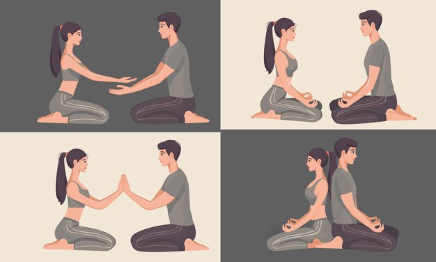 Vector couples in a peaceful meditation state of calm and relaxed vector illustration