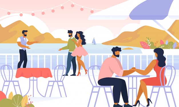 Vector couples relaxing outdoors, sit in open air cafe,