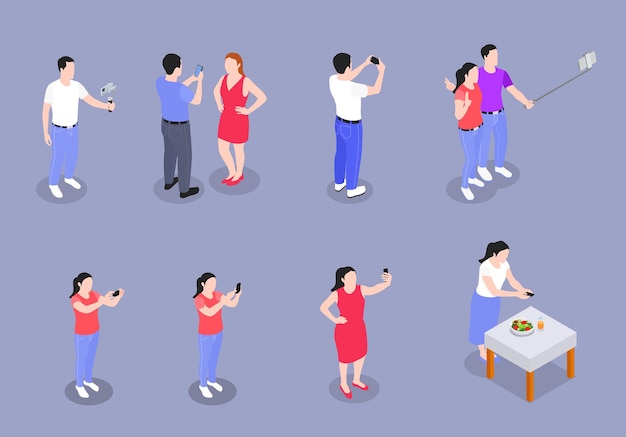 Couples and singles bloggers use mobile phones to take photos and videos set isometric isolated illustration