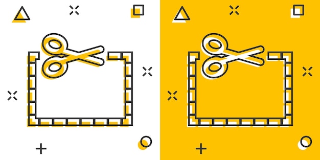 Icona di linee di taglio coupon in stile fumetto forbici snip cartone animato segno illustrazione vettoriale su sfondo bianco isolato vendita adesivo effetto splash concetto di business