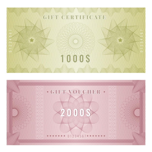 Vector coupon template. certificate design with guilloche engraving watermarks shapes and borders. illustration voucher and certificate award, banknote with guilloche