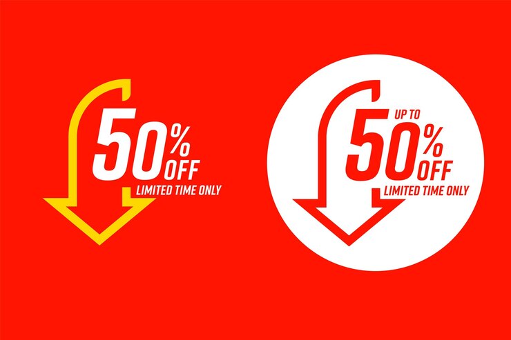 Couponsjabloon met tot 50 procent korting, alleen voor een beperkte tijd. Marketingverkoopaanbieding met prijsvermindering voor online winkelen, e-giftcard, kaartje of certificaat met rood wit ontwerp vectorillustratie