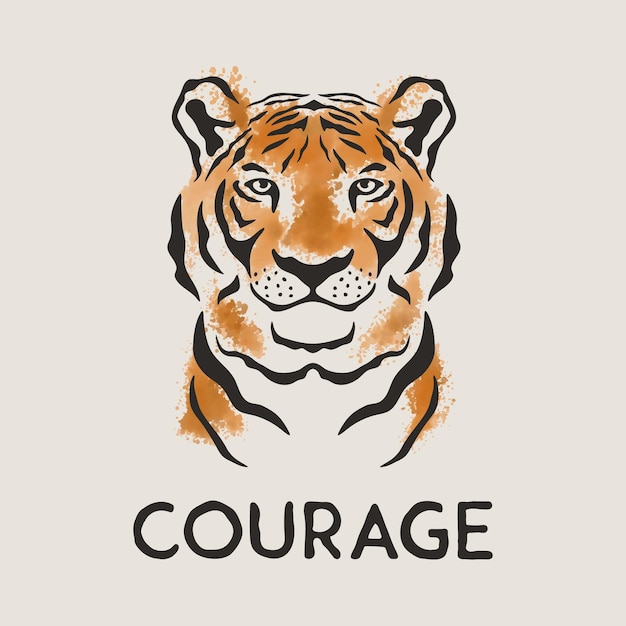 Courage Slogan Vector Hand Drawn Tiger Face Noble Tiger Head with Paint Splashes for Clothes Fabrics Tshirt Card Print Logo Design Symbol of the Year of Tiger