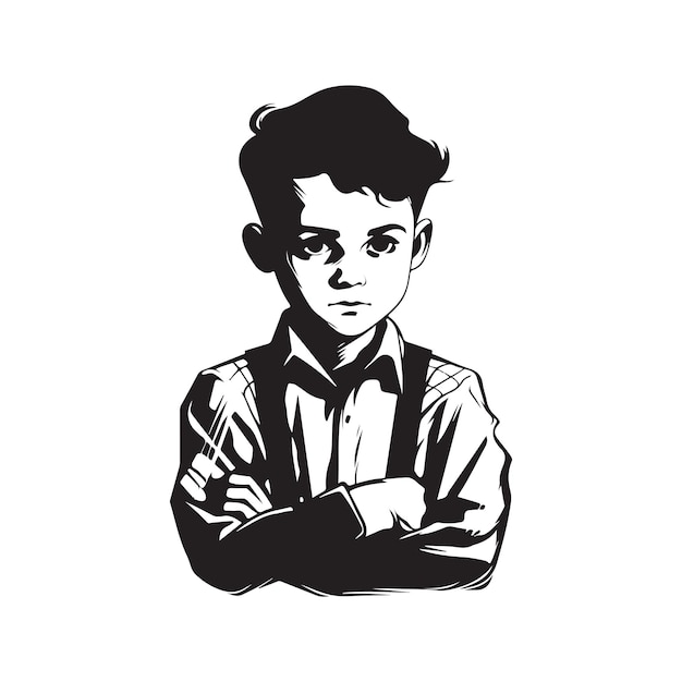 Мужественный мальчик винтажный логотип линии искусства концепция черно-белый цвет рисованной иллюстрации