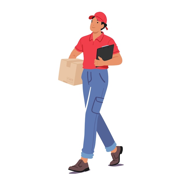 Vector courier character briskly walks with a box in hand and a clipboard ensuring efficient delivery their determined pace reflects their commitment to timely service cartoon people vector illustration