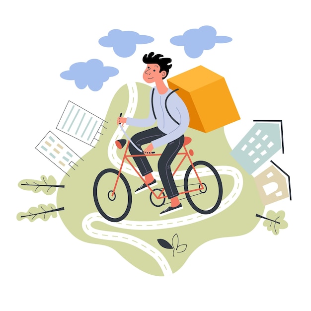 Courier character riding bicycle with delivery box ecological fast delivery city