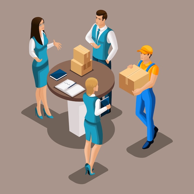 Courier delivered parcel to business woman in office, bank staff examine box,  illustration