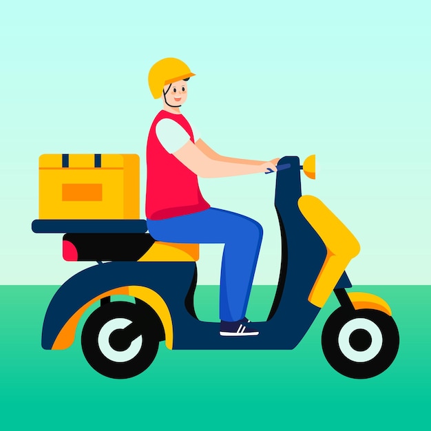 Courier delivering on a motorcycle with various plants and buildings in the background vector