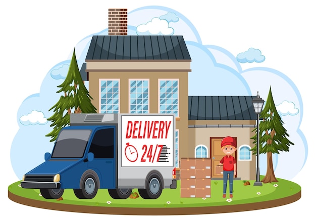 Vector courier delivering packages standing in front of house