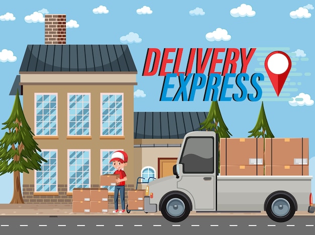 Courier delivering packages with deliver express banner