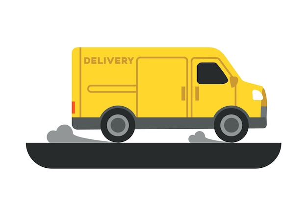自動車を使用して小包を配達する宅配便大型貨物の迅速な配達現代の郵便システムと地域の小包運送業者黄色のベクトル フラット イラスト