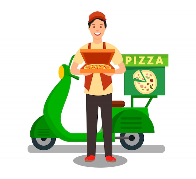 Vettore illustrazione di courier delivering pizza flat