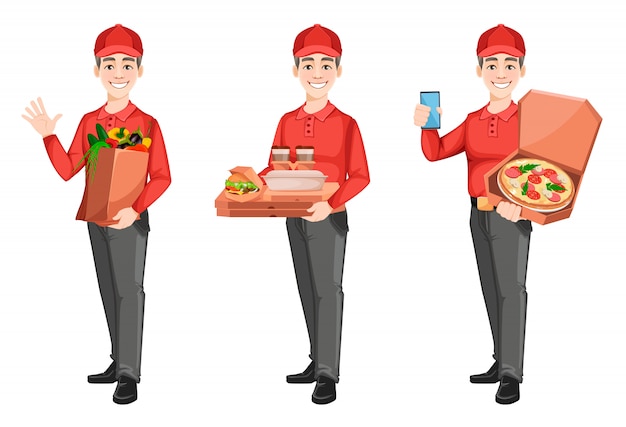 Vector courier delivers food, set of three poses