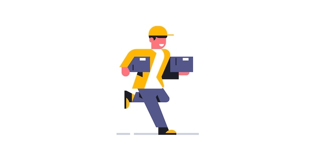 The courier delivers parcels at a run to the address of the order Online parcel delivery service to your home Courier in working uniform Box package Vector illustration