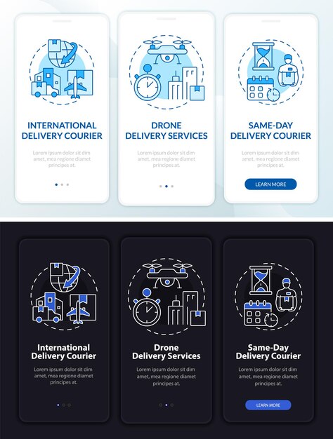 Courier delivery business day and night theme onboarding mobile app screen. Freight walkthrough 3 steps graphic pages with linear concepts. UI, UX, GUI template. Myriad Pro-Bold, Regular fonts used