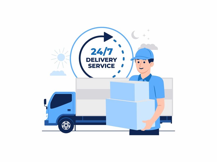 Vector courier delivery cargo truck service worker 24 hours shipping