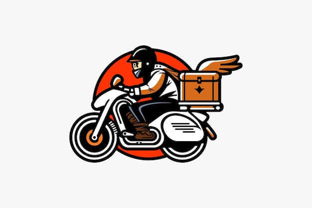 Courier Delivery Guy riding on Motorcycle with shipping box cartoon icon