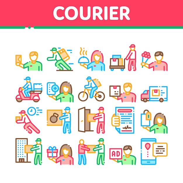 Corriere delivery job collection icons set