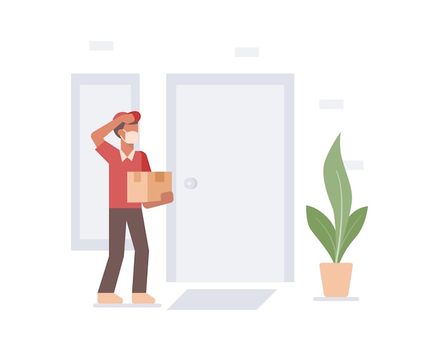 A courier delivery man wearing a face mask delivering a box to customer house door illustration